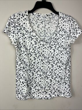 Soho Star Print Tee White Navy Short Sleeve Scoop Neck Top Size M